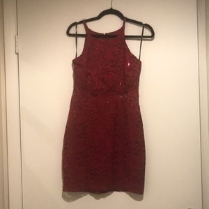 Burgundy , lace  and sequence semi formal dress